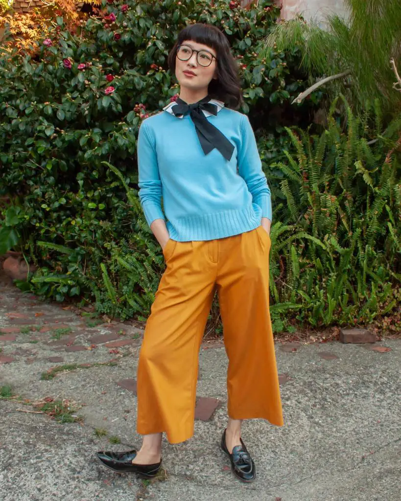 Mustard Yellow Cropped Pants with Blue Sweater and White Shirt — Classy Orange Pants Outfits