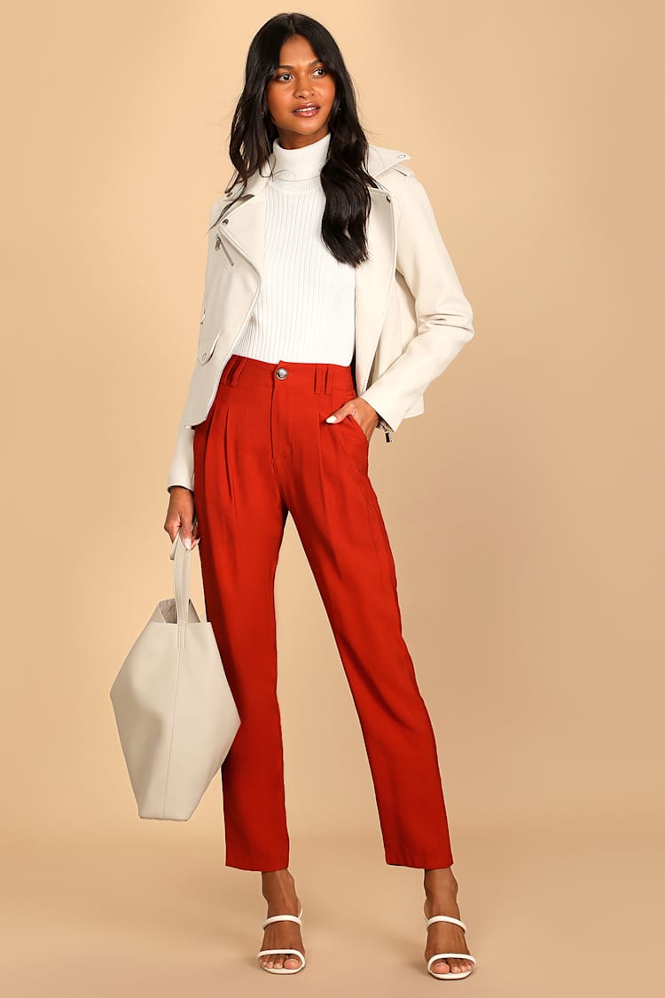Rust Orange High Waisted Trousers with Turtleneck and Moto Jacket — Classy Orange Pants Outfits