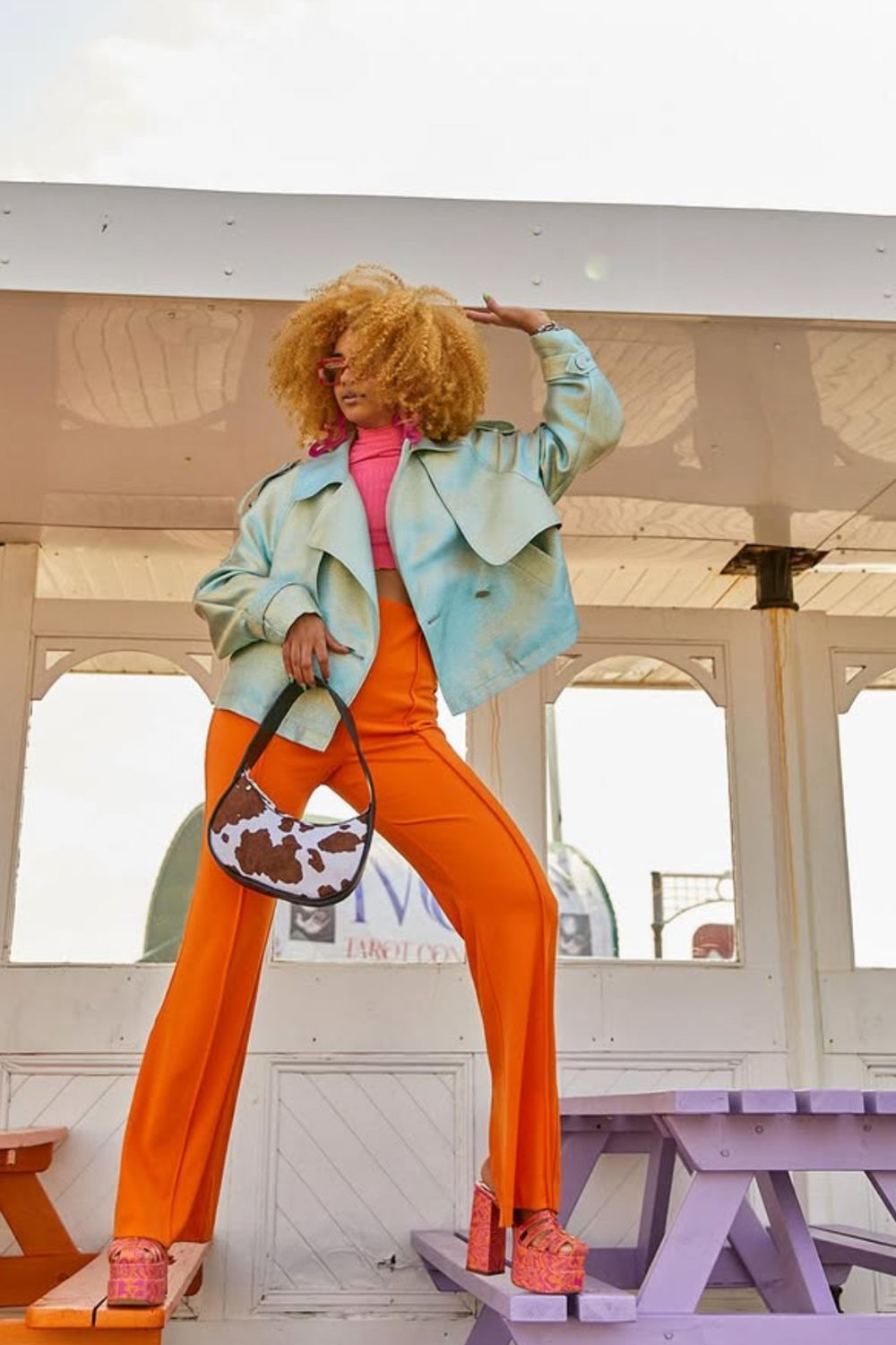Orange Wide Leg Trousers with Pink Turtleneck and Blue Jacket — Classy Orange Pants Outfits