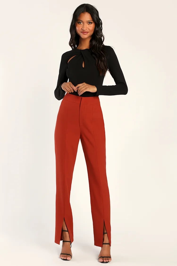 Rust Orange Split Hem Trousers with Black Long Sleeve Top — Classy Orange Pants Outfits