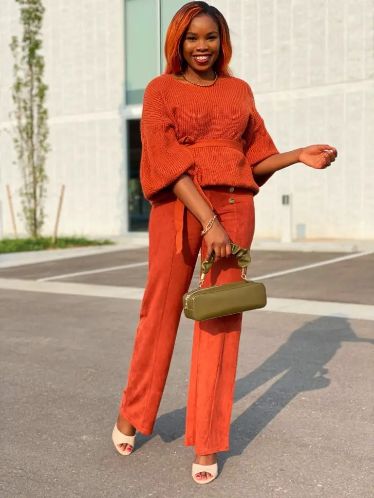 Monochromatic Orange Knit Sweater and Suede Trousers — Classy Orange Pants Outfits