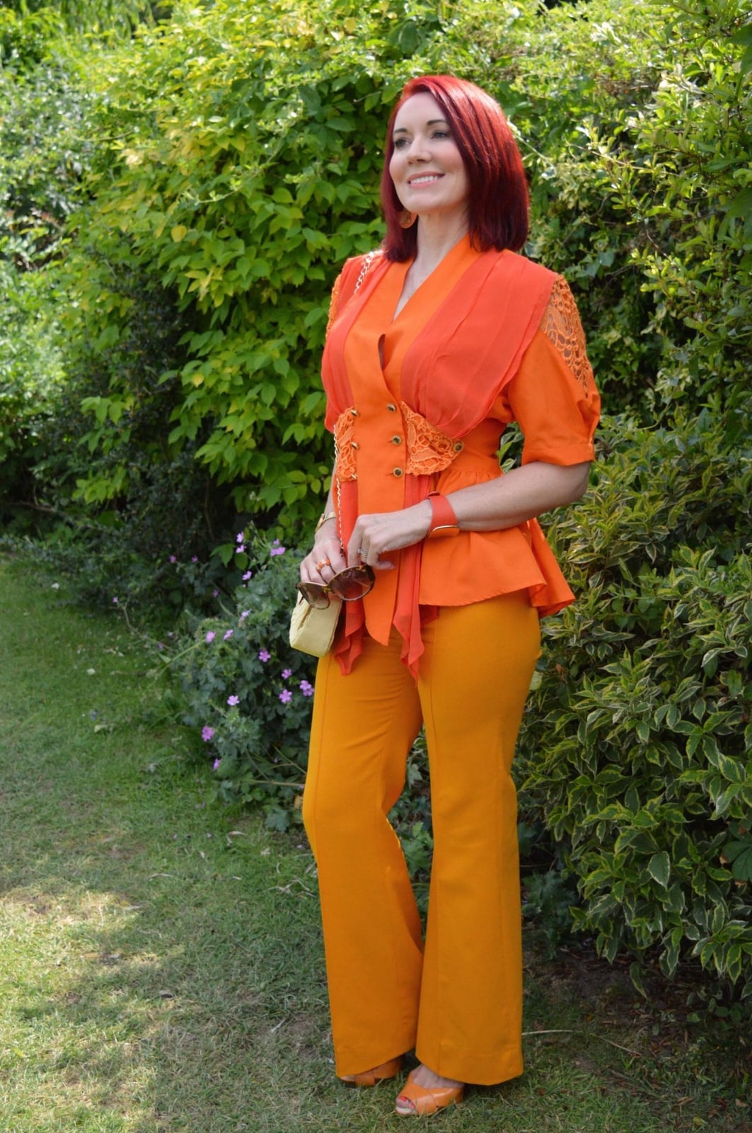 Orange Flared Trousers with Wrap Top and Lace Detail — Classy Orange Pants Outfits