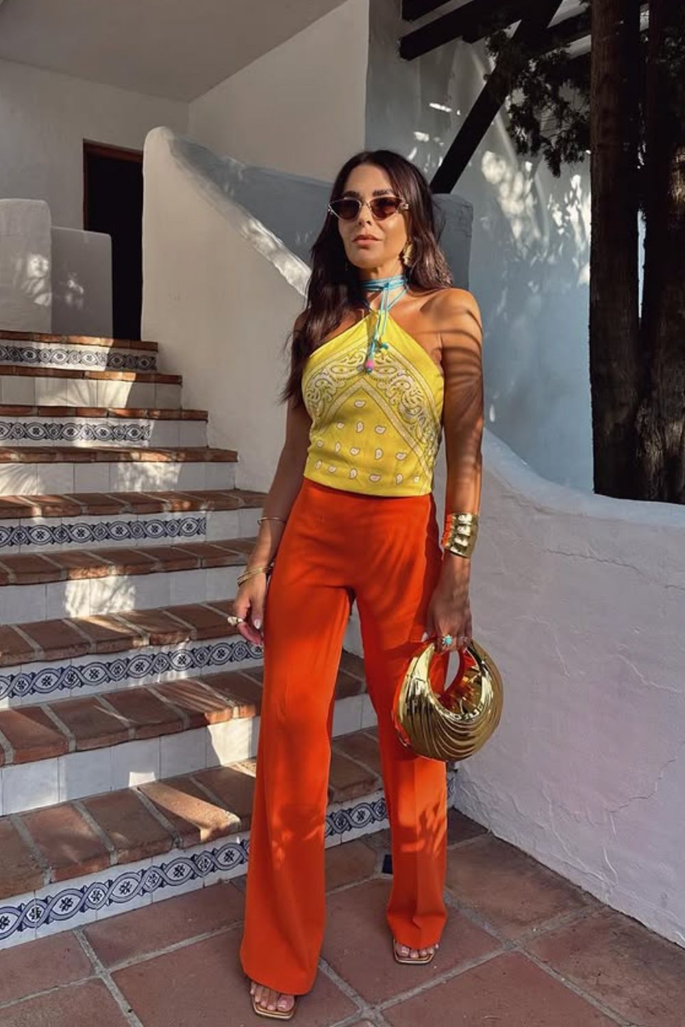 Orange Wide Leg Trousers with Yellow Bandana Halter Top — Classy Orange Pants Outfits