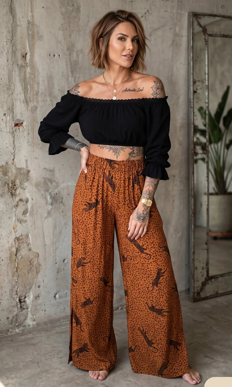 Orange Leopard Print Palazzo Pants with Black Crop Top — Classy Orange Pants Outfits