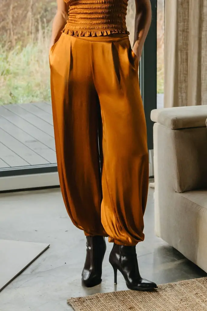 Beige Cargo Trousers with Orange Blazer and Patterned Top — Classy Orange Pants Outfits