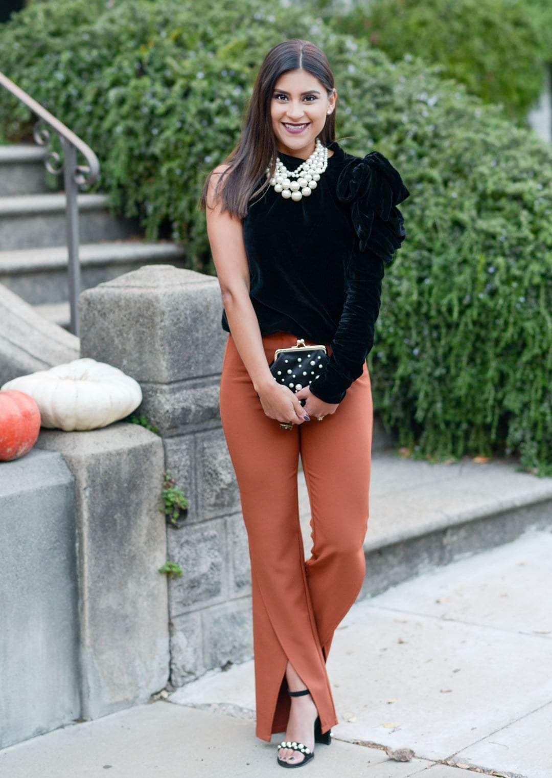 Rust Orange High Waisted Trousers with Velvet One-Shoulder Top — Classy Orange Pants Outfits