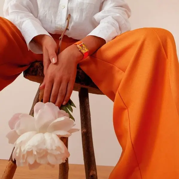 Bright Orange Wide Leg Trousers with White Button-Up Shirt — Classy Orange Pants Outfits