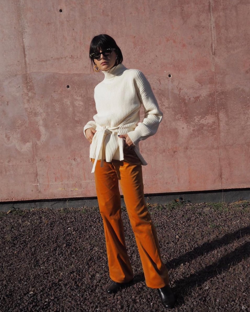 Burnt Orange Velvet Trousers with Cream Turtleneck — Classy Orange Pants Outfits