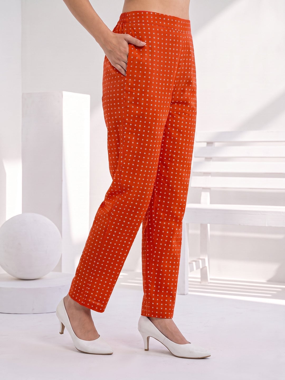 Orange Straight Leg Trousers with White Micro-Print — Classy Orange Pants Outfits