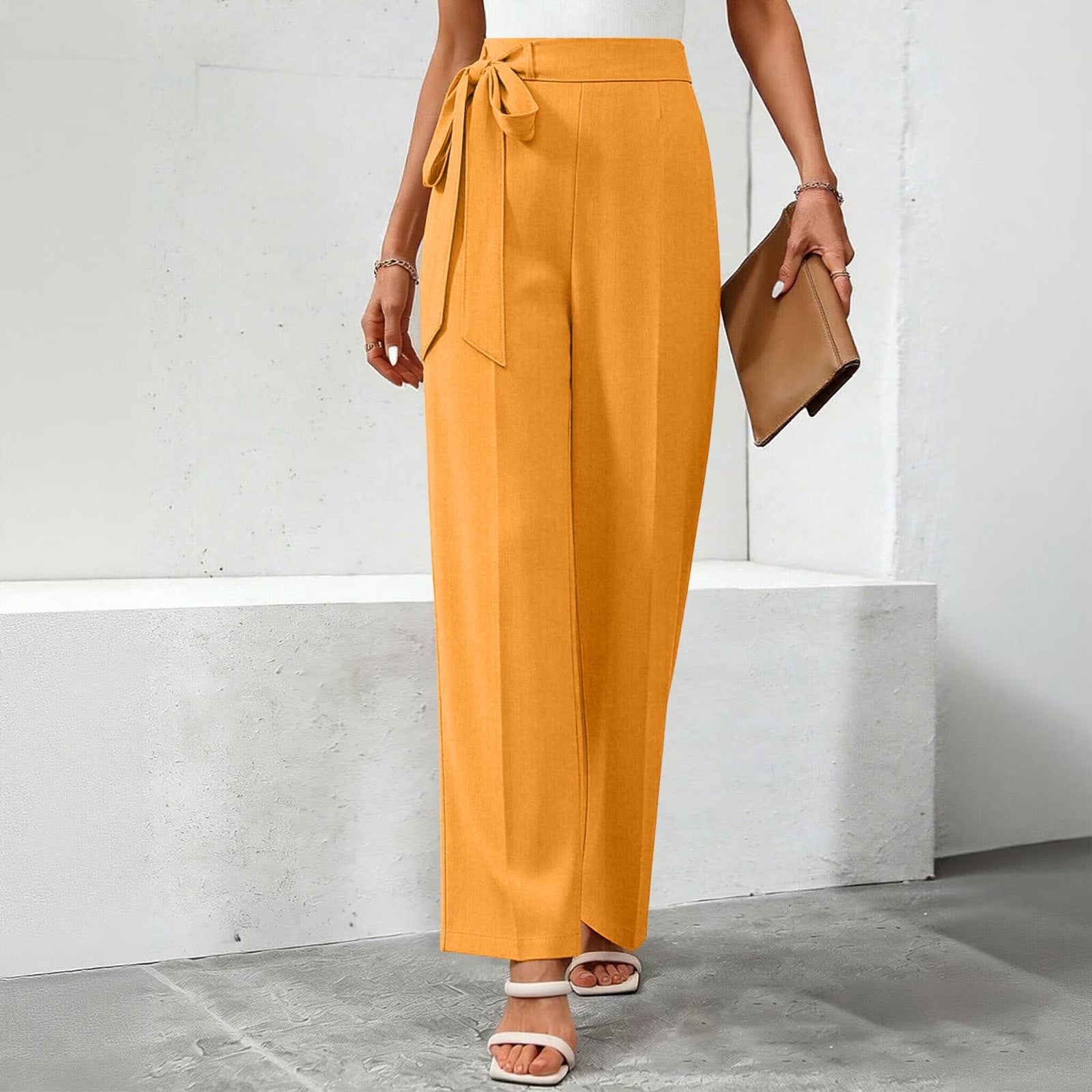Yellow Wide Leg Trousers with Bow Tie Waist — Classy Orange Pants Outfits