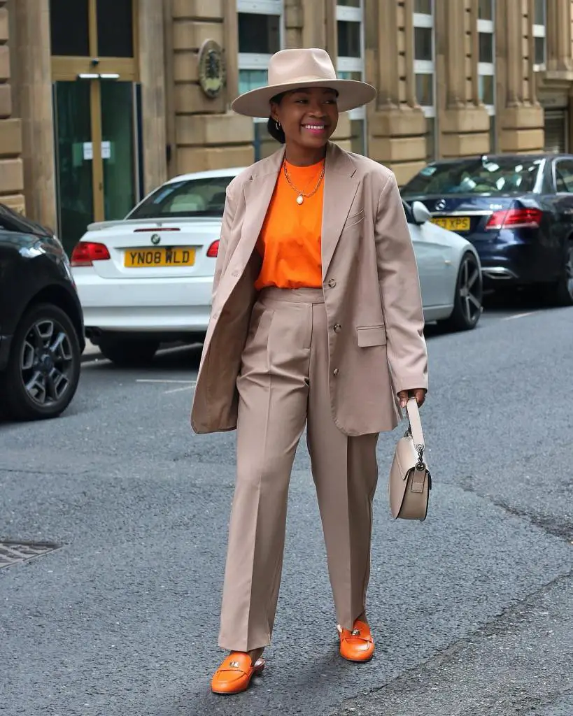 Beige Suit with Orange T-Shirt and Wide Leg Trousers — Classy Orange Pants Outfits