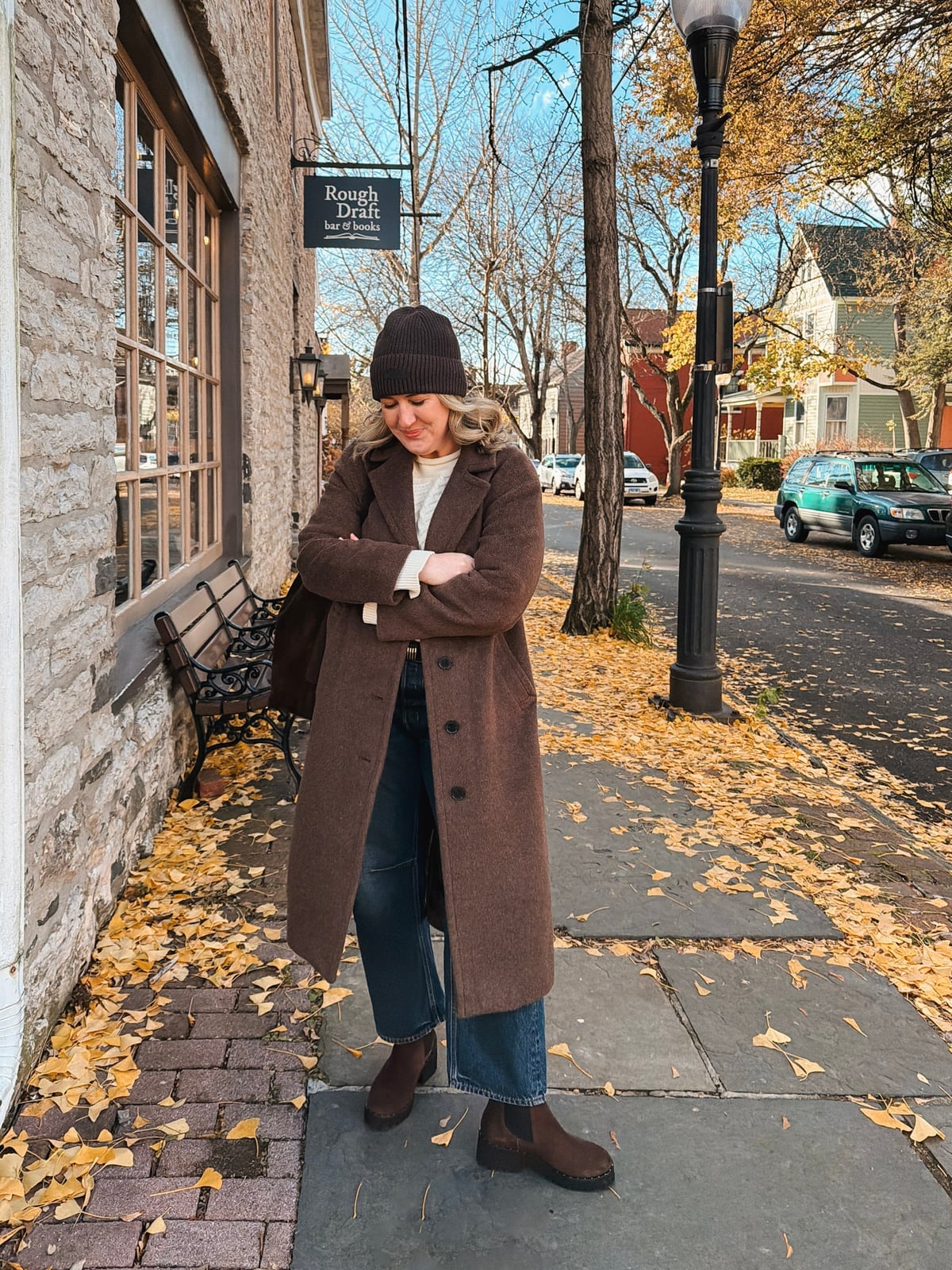 Long Brown Coat Over Cream Sweater and Jeans Long Brown Coat Over Cream Sweater and Jeans — Classy Outdoor Outfit