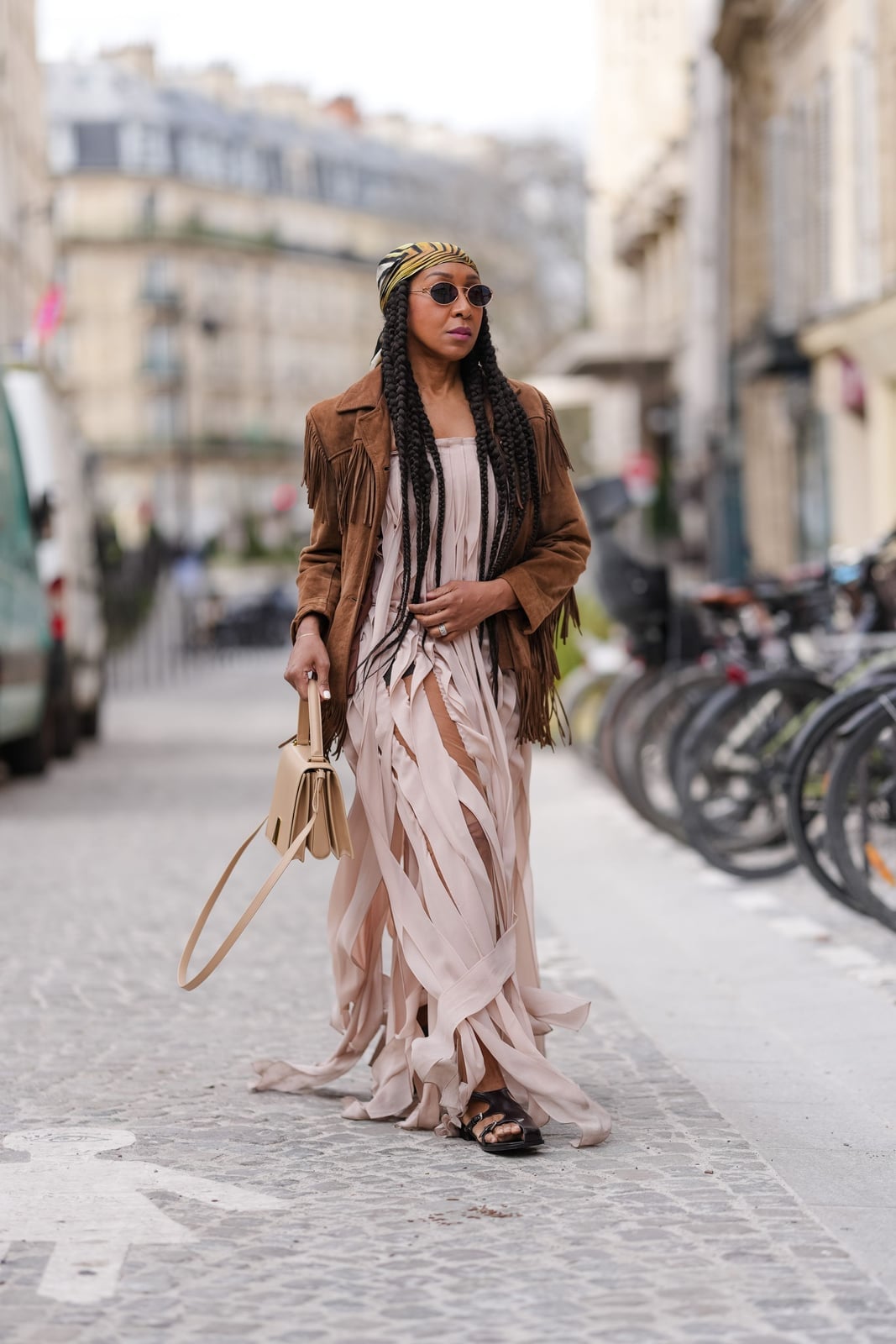 Brown Suede Jacket Over Beige Slip Dress Brown Suede Jacket Over Beige Slip Dress — Classy Outdoor Outfit