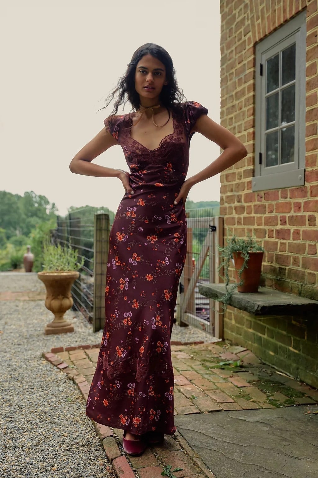 Burgundy Floral Slip Dress with Velvet Flats Burgundy Floral Slip Dress with Velvet Flats — Classy Outdoor Outfit