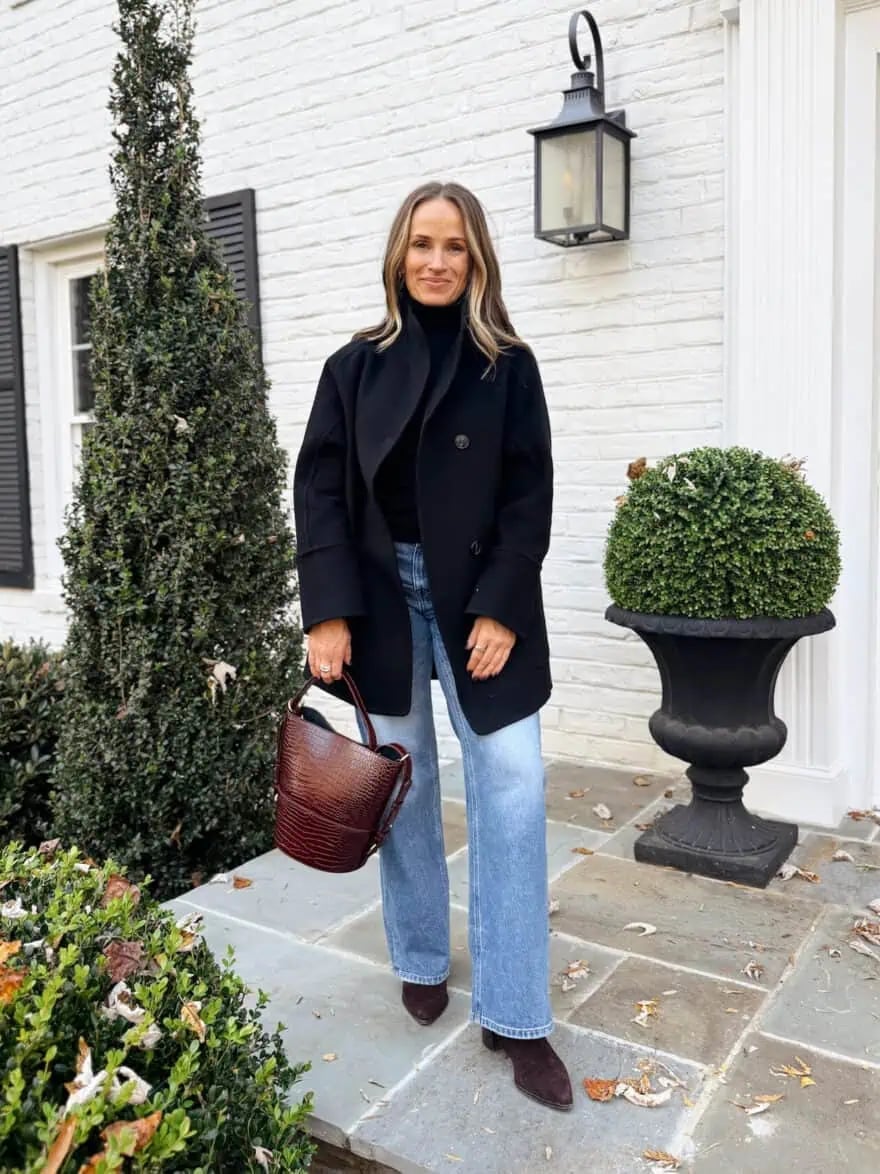 Black Double-Breasted Coat with Wide Leg Jeans Black Double-Breasted Coat with Wide Leg Jeans — Classy Outdoor Outfit
