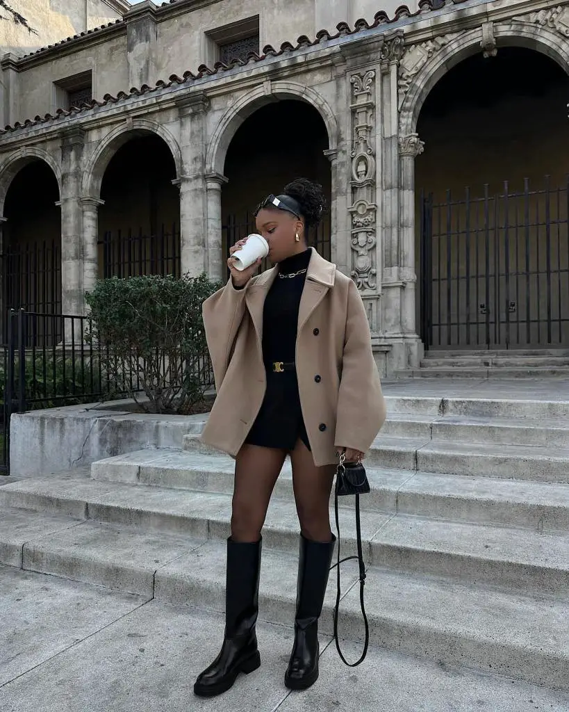 Beige Oversized Coat Over Black Shorts With Sheer, Close-Up Take — Classy Outfits with Tights
