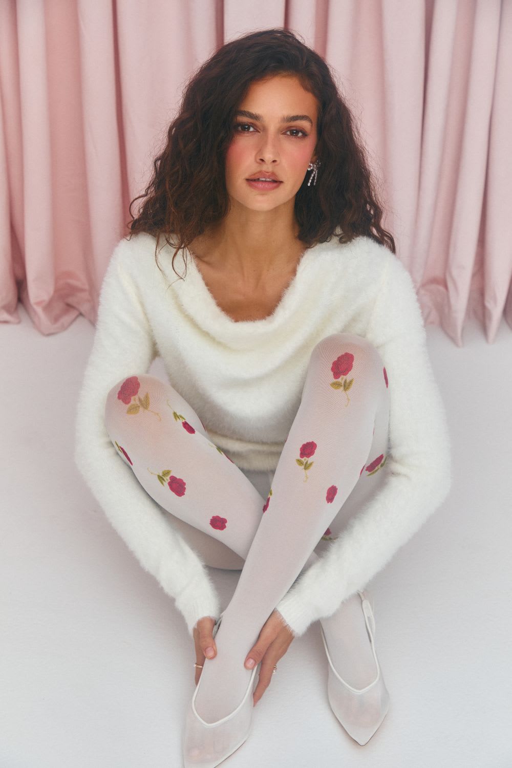 Fuzzy Cowl-Neck Sweater With White Tights With Red Roses — Classy Outfits with Tights