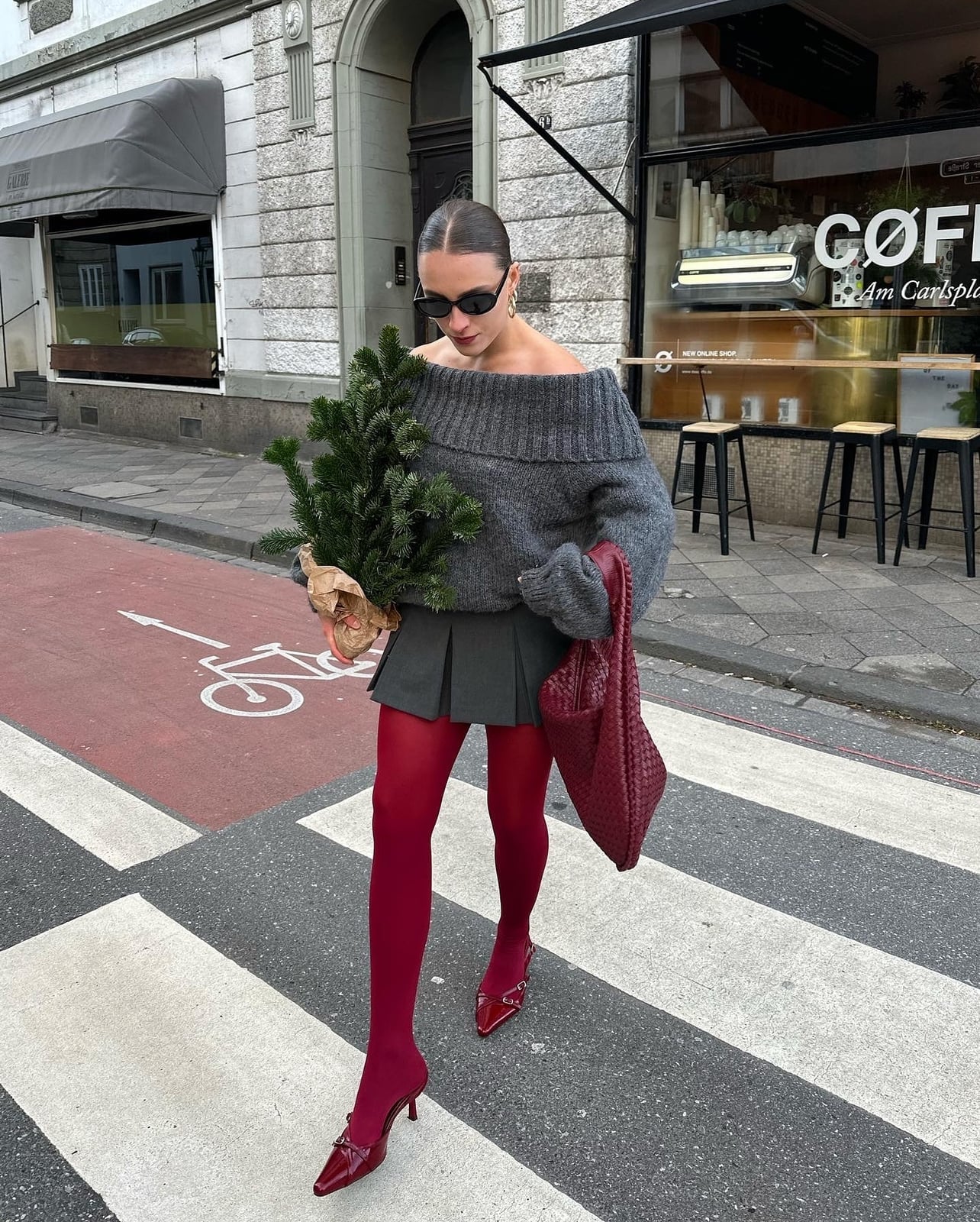 Gray Off-Shoulder Sweater With Pleated Skirt And Burgundy Tights — Classy Outfits with Tights