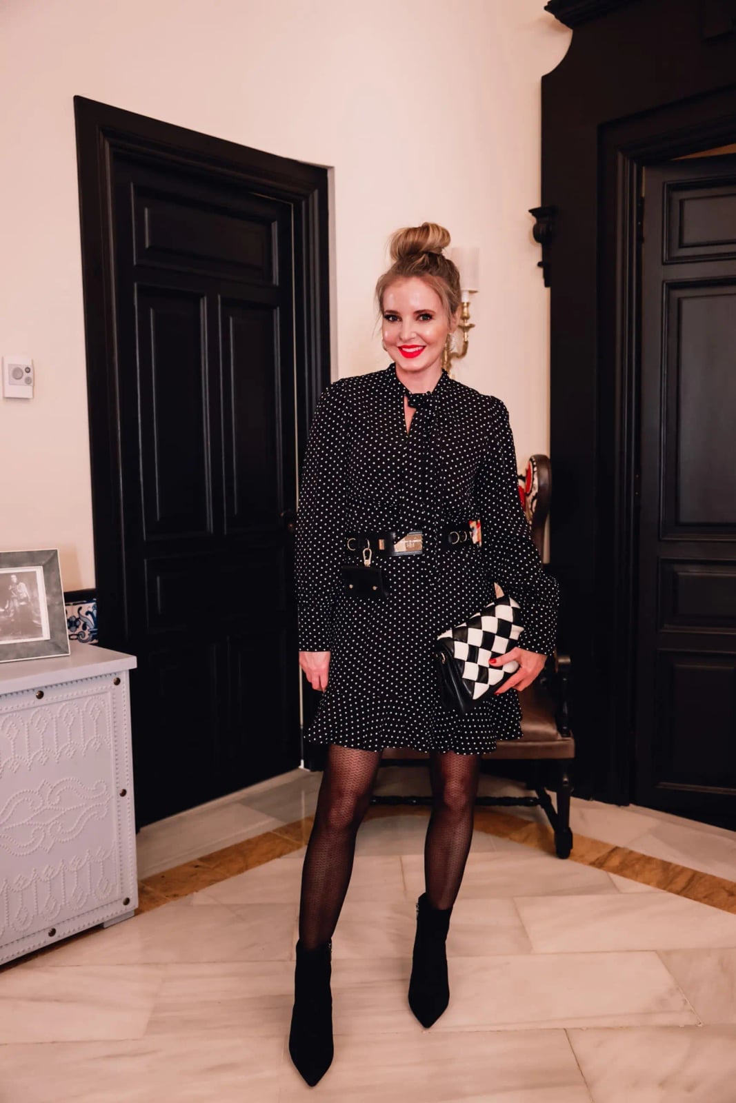 Polka Dot Midi Dress With Sheer Patterned Tights — Classy Outfits with Tights