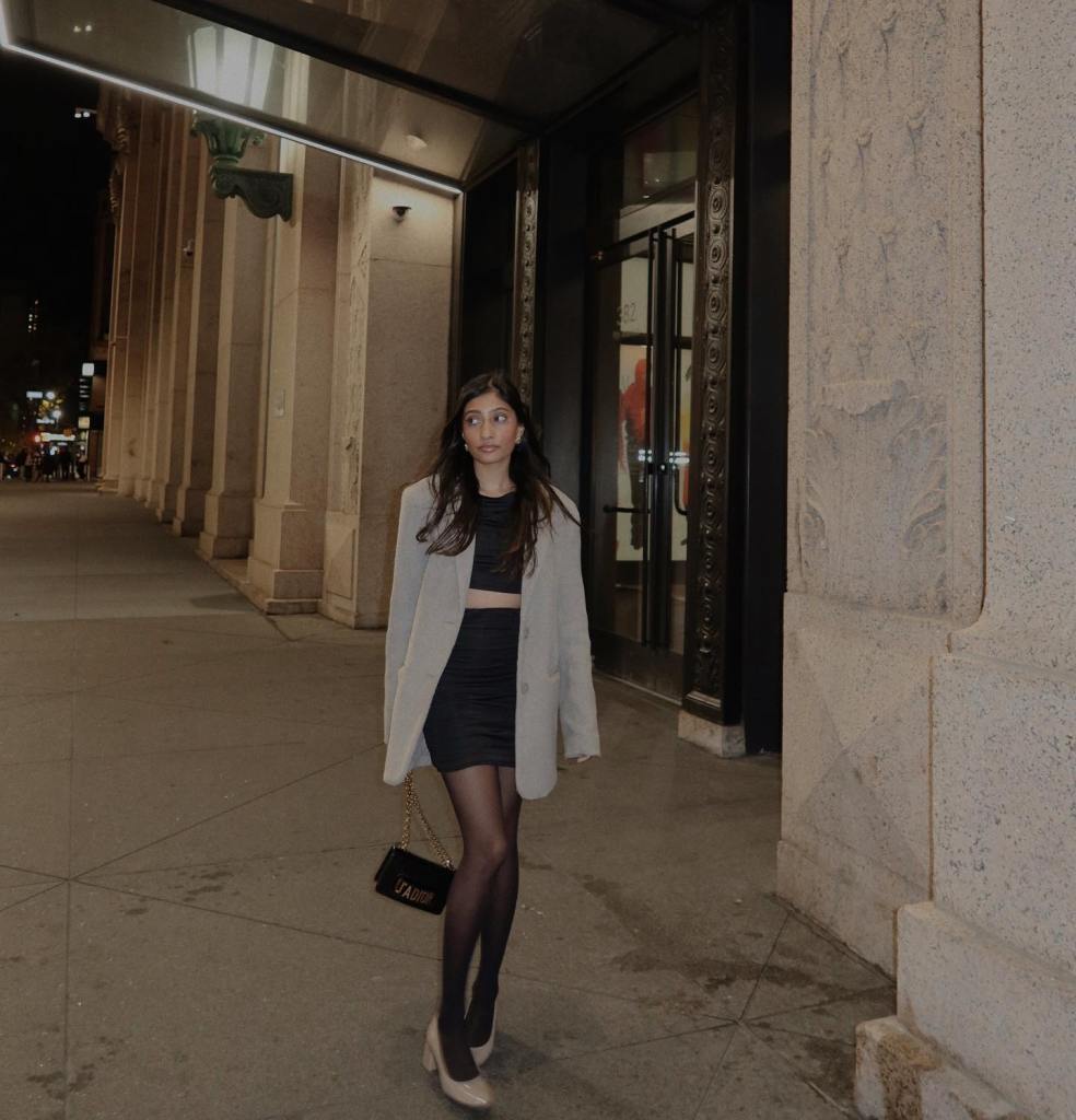 Black Mini Dress With Gray Blazer And Sheer Patterned Tights, Fitted — Classy Outfits with Tights