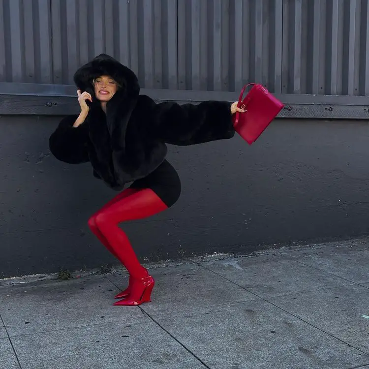 Black Mini Dress With Faux Fur Jacket And Vibrant Red Tights — Classy Outfits with Tights