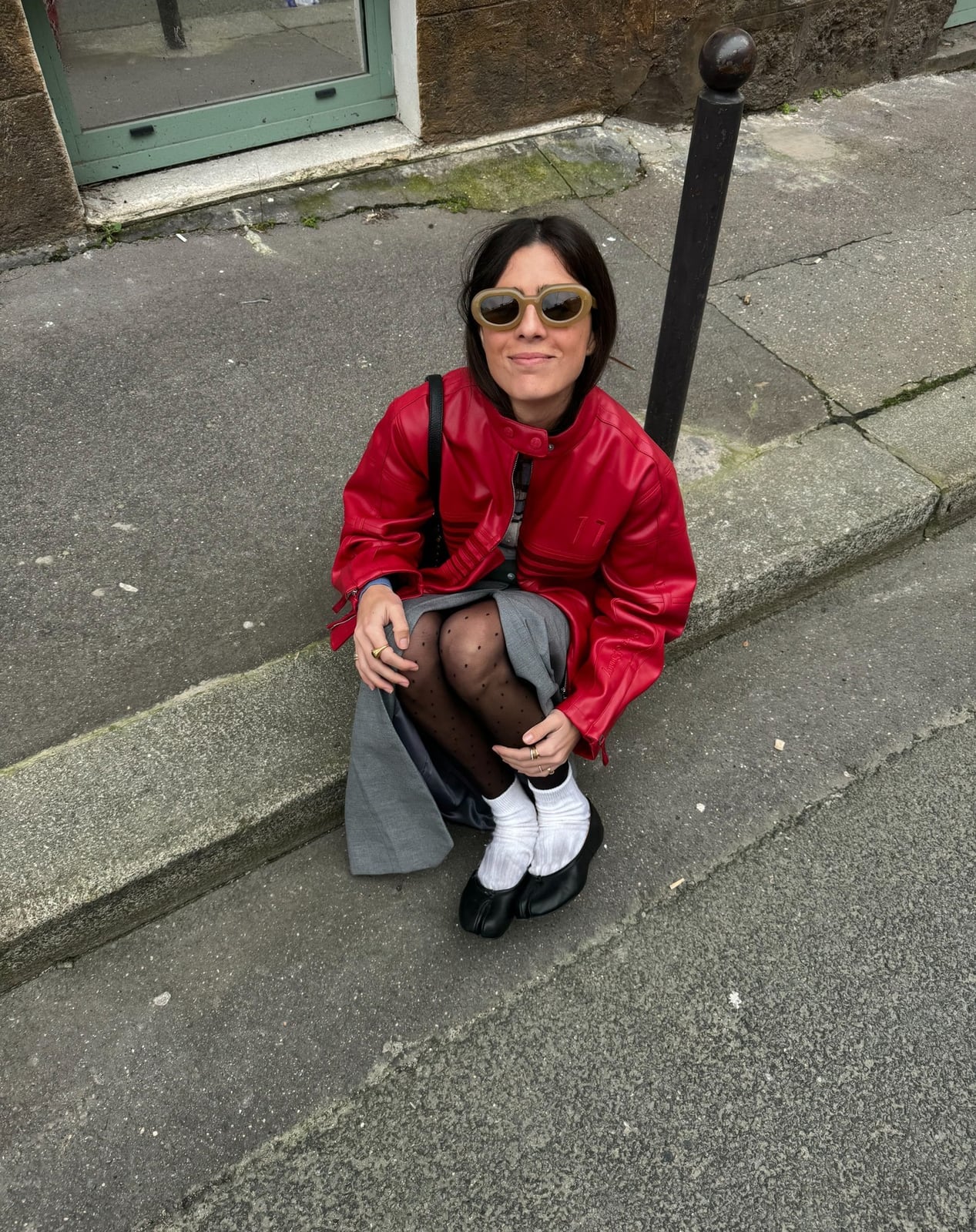Red Leather Jacket With Gray Skirt And Patterned Black Tights — Classy Outfits with Tights