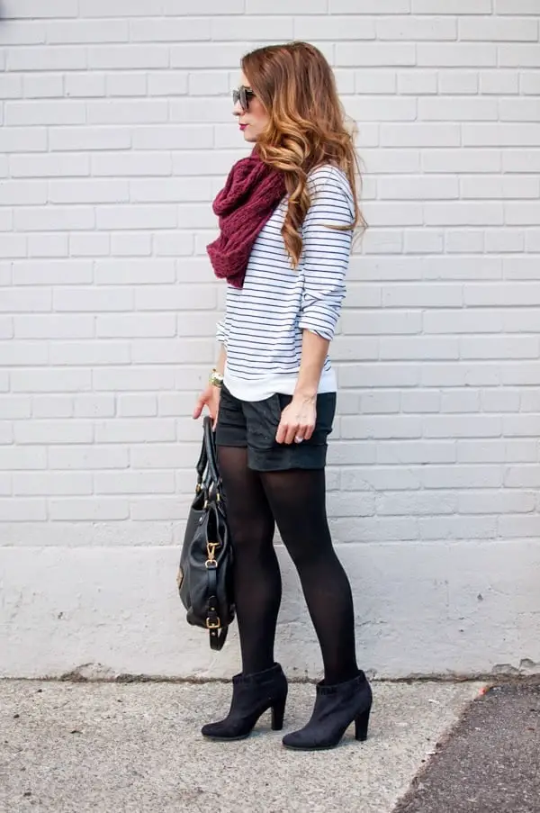 Striped Shirt With Black Shorts And Opaque Black Tights — Classy Outfits with Tights