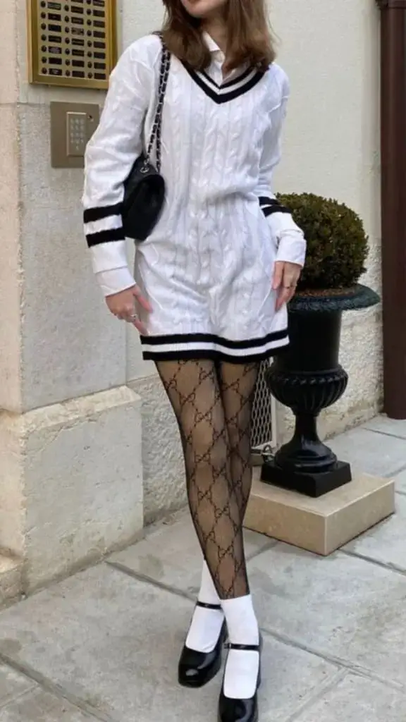 Cable Knit Sweater Dress With Designer Logo Tights — Classy Outfits with Tights