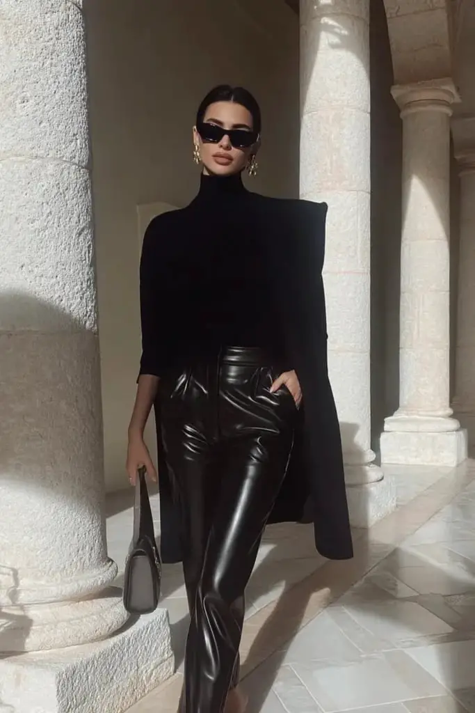 Black Leather Trousers Evening Wear With Fitted Turtleneck Classy Oversize Outfits