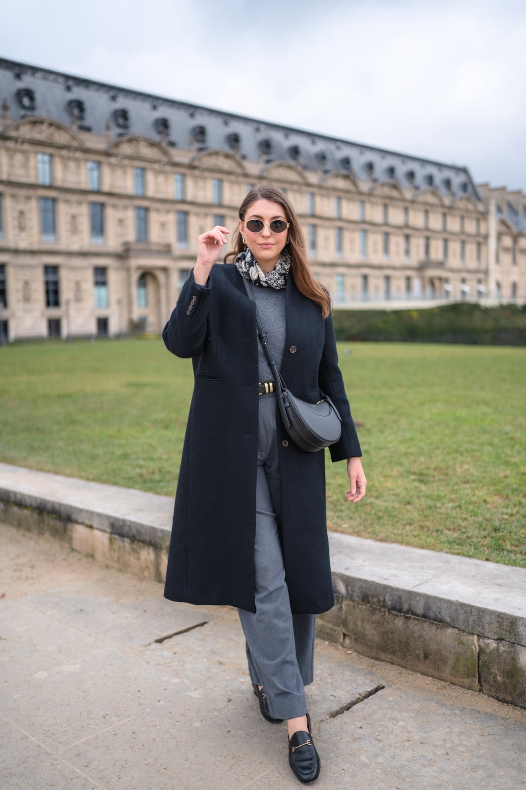 Long Charcoal Wool Coat Over Gray Cashmere Long Charcoal Wool Coat Over Gray Cashmere — Classy Paris Outfits