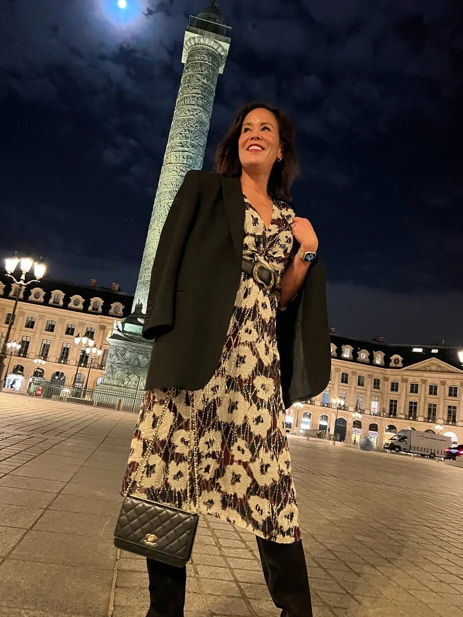 Patterned Dress with Draped Blazer for Evening Patterned Dress with Draped Blazer for Evening — Classy Paris Outfits