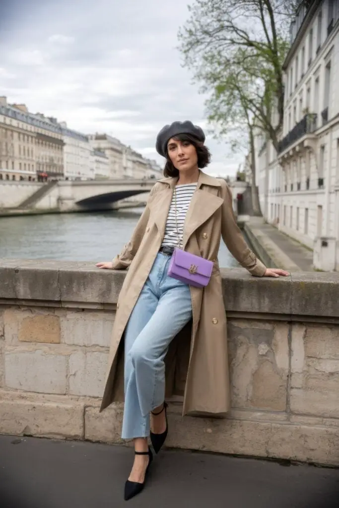 Classic Beige Trench Coat with Striped Tee and Wide-Leg Jeans Classic Beige Trench Coat with Striped Tee and Wide-Leg Jeans — Classy Paris Outfits