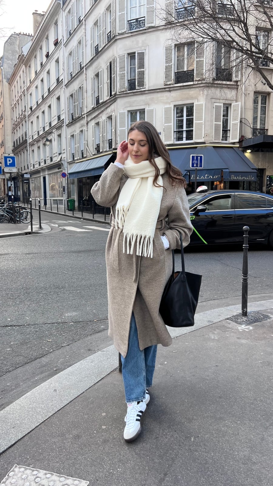 Beige Belted Coat with Blue Jeans and Cream Scarf Beige Belted Coat with Blue Jeans and Cream Scarf — Classy Paris Outfits