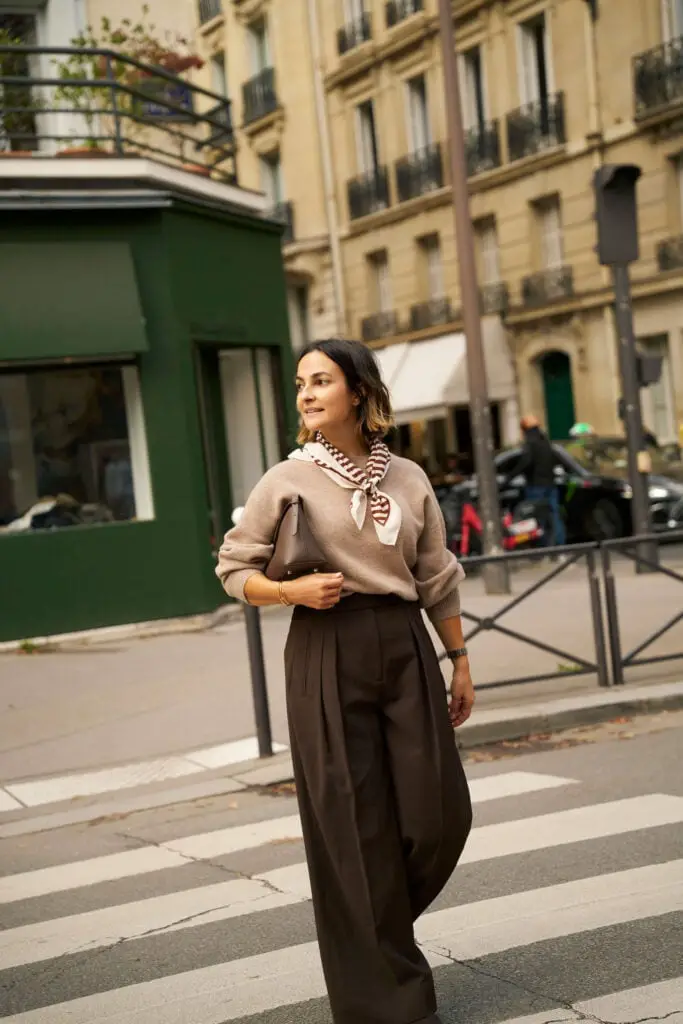 Brown Wide-Leg Trousers with Beige Knit and Scarf Brown Wide-Leg Trousers with Beige Knit and Scarf — Classy Paris Outfits