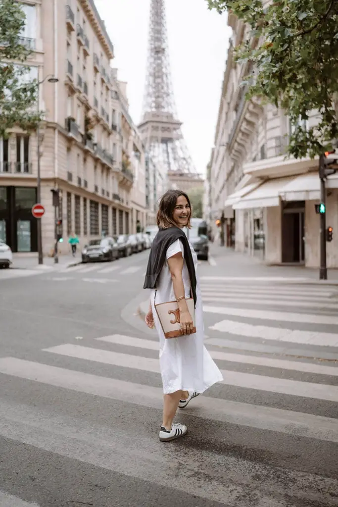 White Midi Dress with Black Cardigan and Sneakers White Midi Dress with Black Cardigan and Sneakers — Classy Paris Outfits