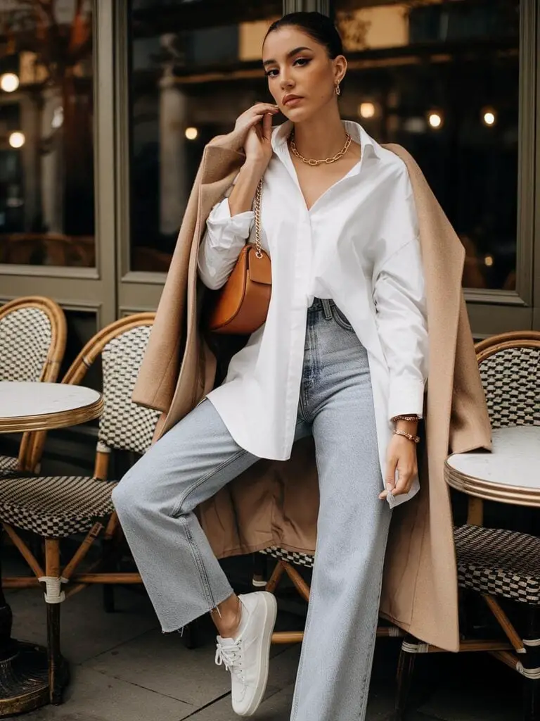 Casual Chic with a Camel Coat and Wide-Leg Jeans Casual Chic with a Camel Coat and Wide-Leg Jeans — Classy Paris Outfits