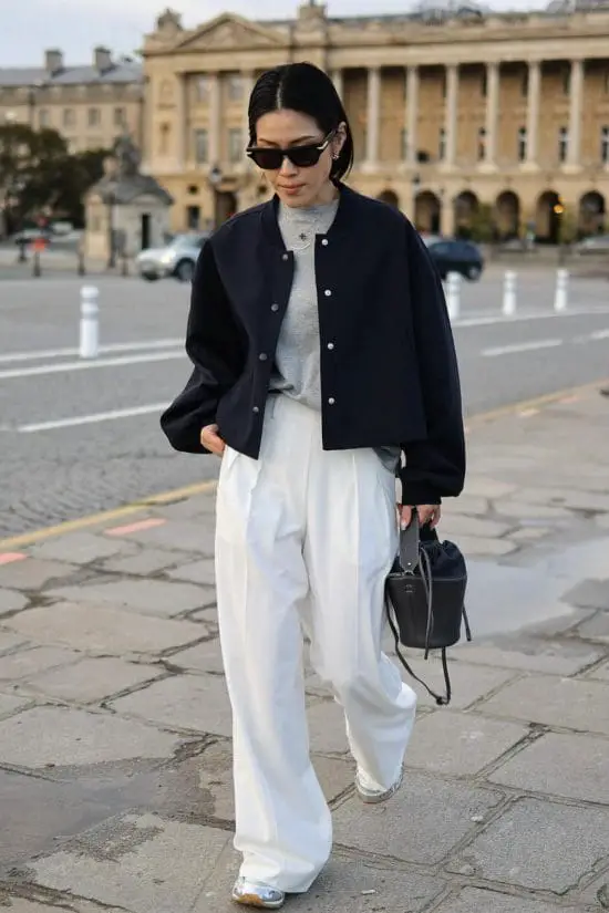 Navy Bomber Jacket with White Wide-Leg Trousers Navy Bomber Jacket with White Wide-Leg Trousers — Classy Paris Outfits