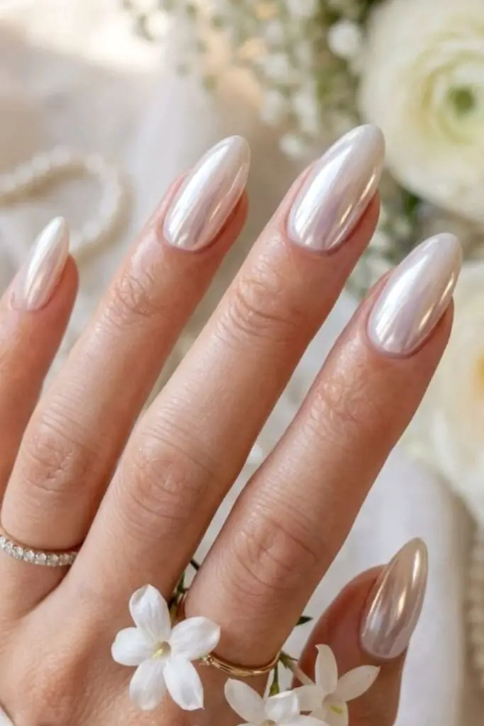 Medium Almond Pearlescent Chrome Nails — Classy Pearl Nails