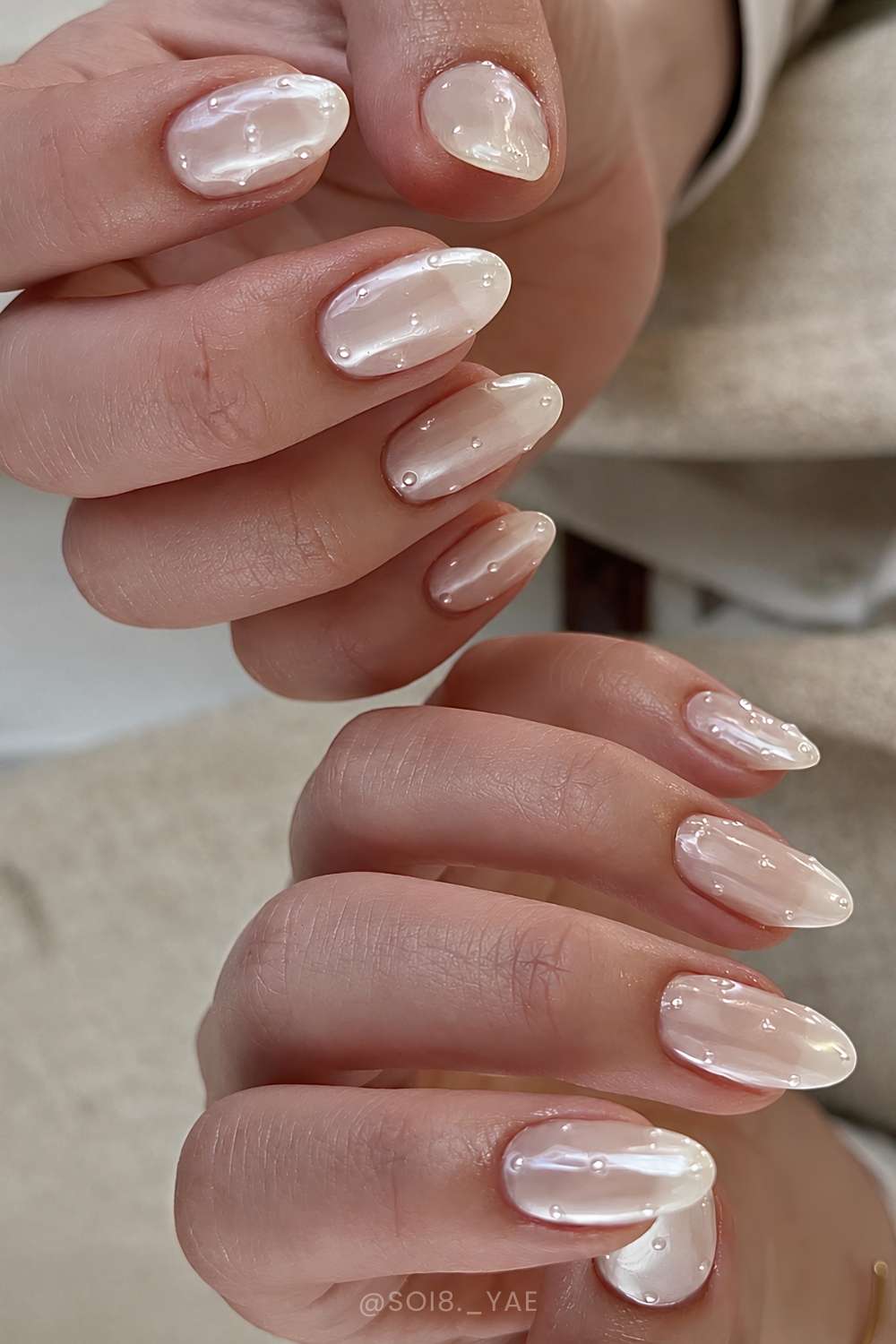 Short Oval Milky White With Pearl Accents — Classy Pearl Nails