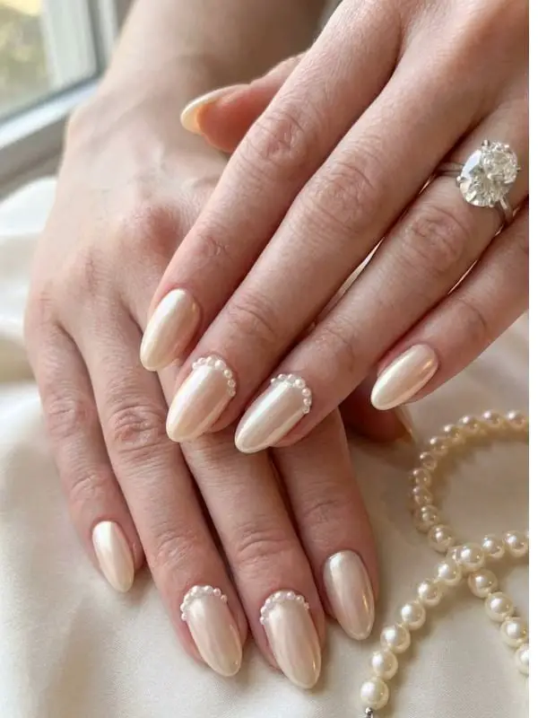 Short Almond Pale Peach Shimmer With Pearls — Classy Pearl Nails