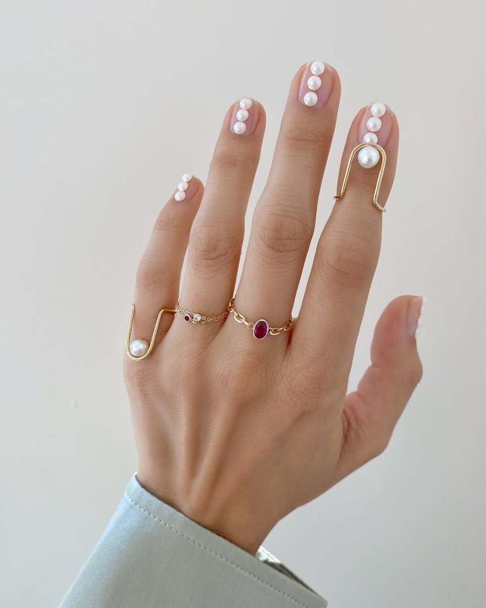 Short Almond Nude With Pearl Clusters — Classy Pearl Nails