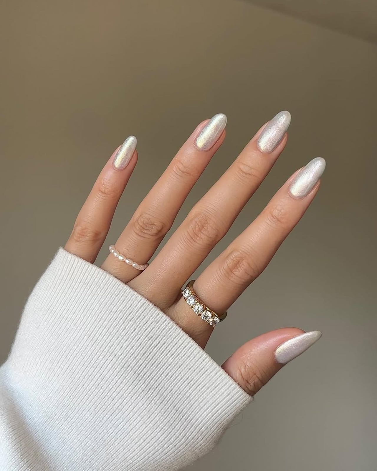 Creamy White Oval Nails With Pearl Accents — Classy Pearl Nails