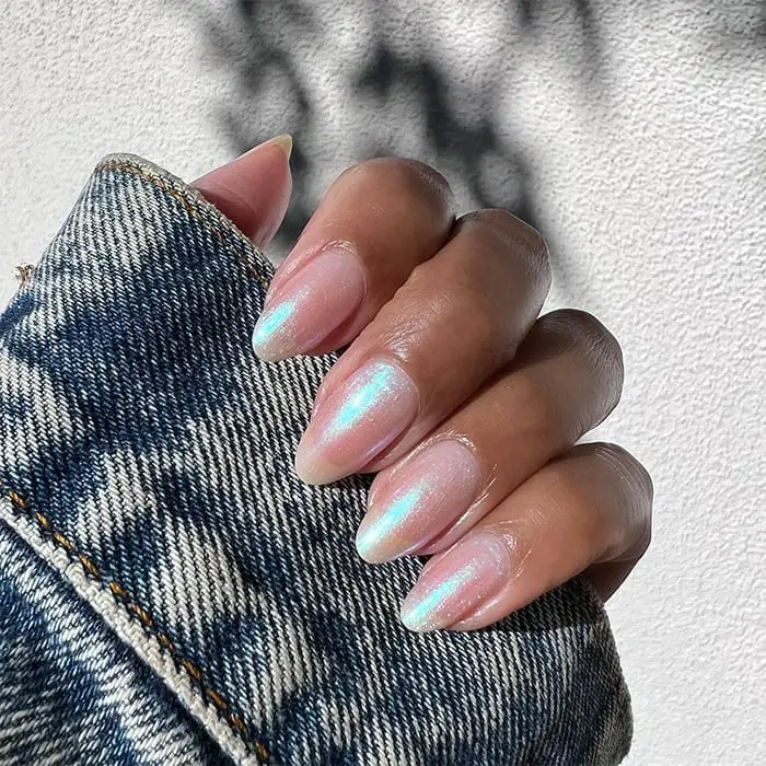 Short Almond Iridescent Shimmer Nails — Classy Pearl Nails