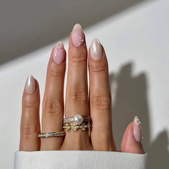 Medium Almond Pearlescent Pink Beige With Pearls — Classy Pearl Nails
