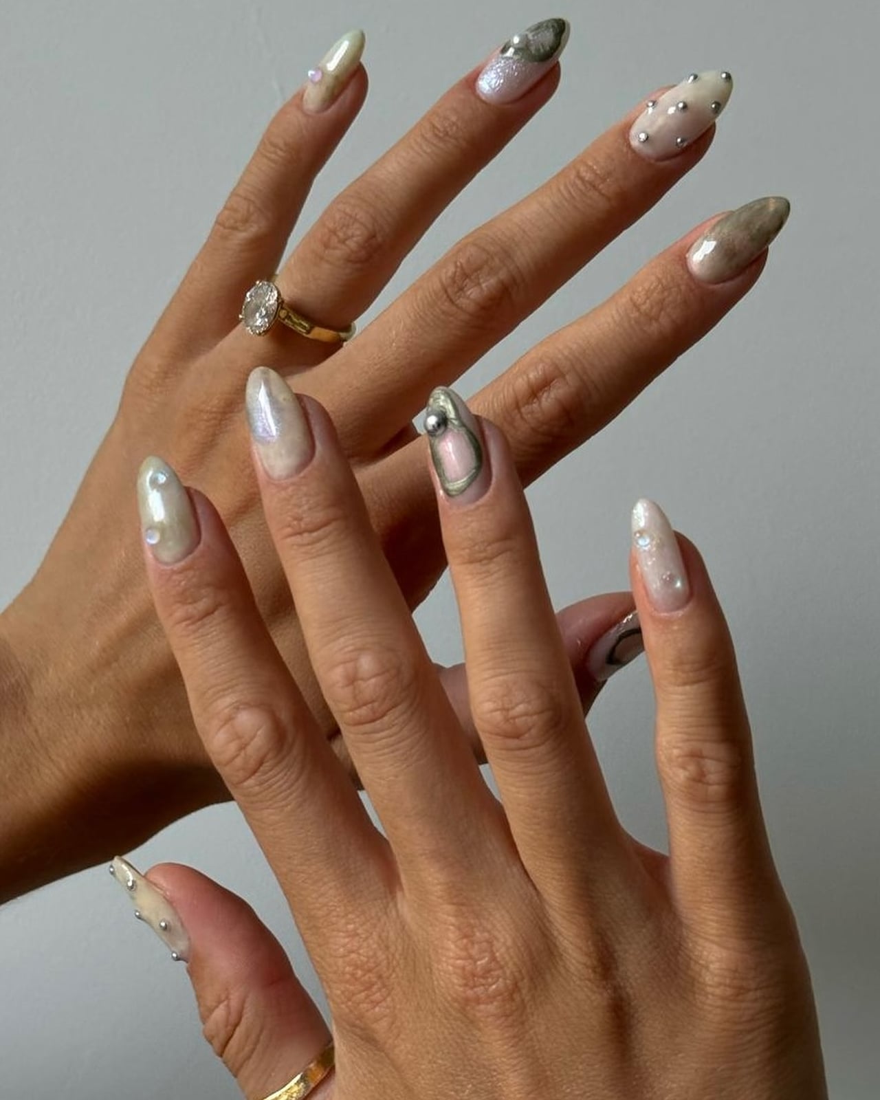 Medium Almond Pearl Gray Beige Tones — Classy Pearl Nails