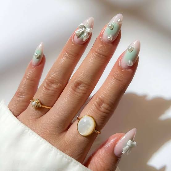 Medium Almond Pink Mint Gradient With Pearls Bows — Classy Pearl Nails
