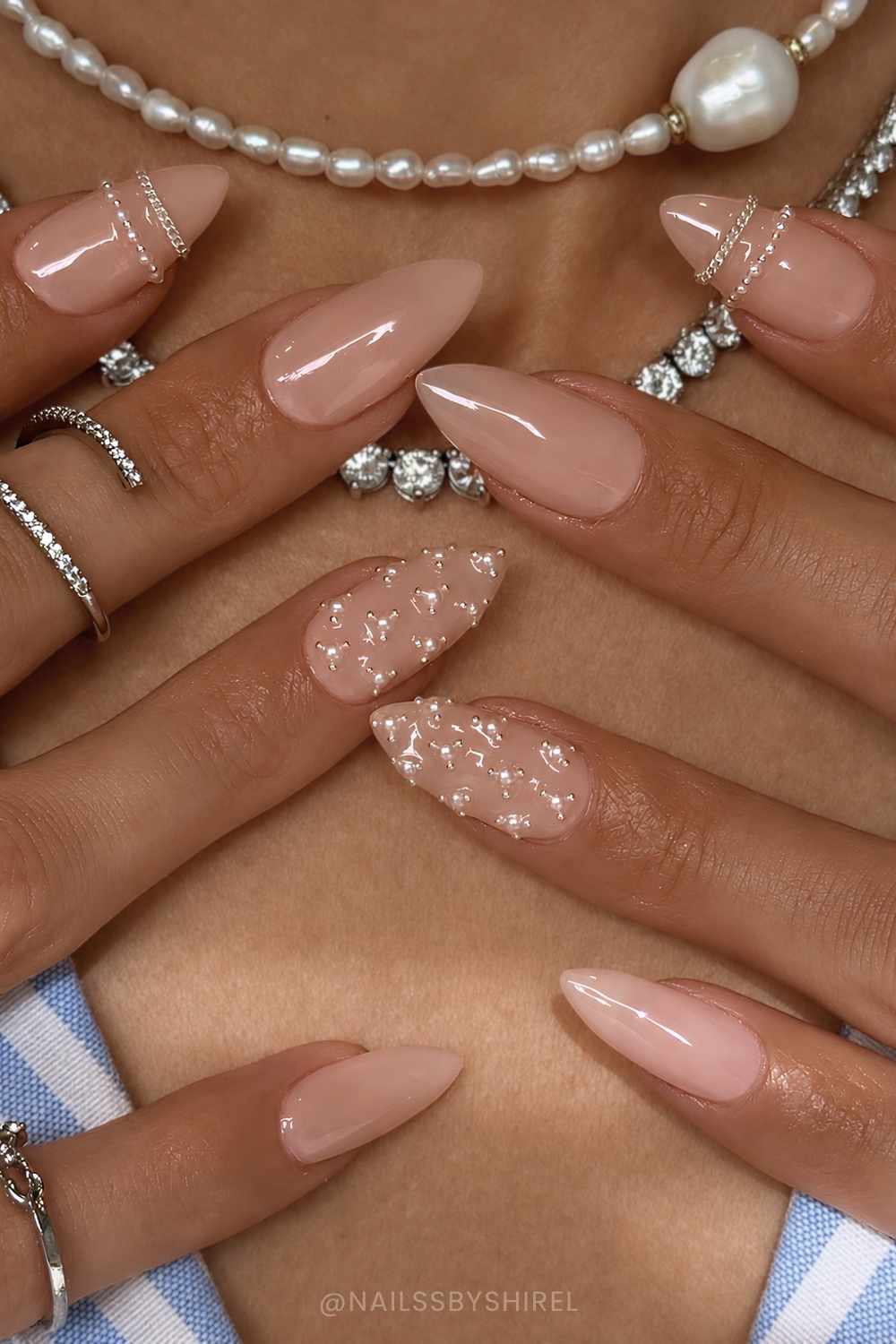 Medium Almond Nude With Pearls Chains — Classy Pearl Nails