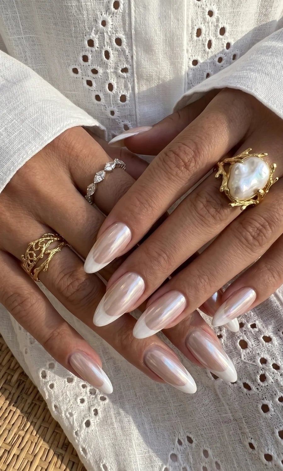 Medium Almond Pearly Beige French Tips — Classy Pearl Nails