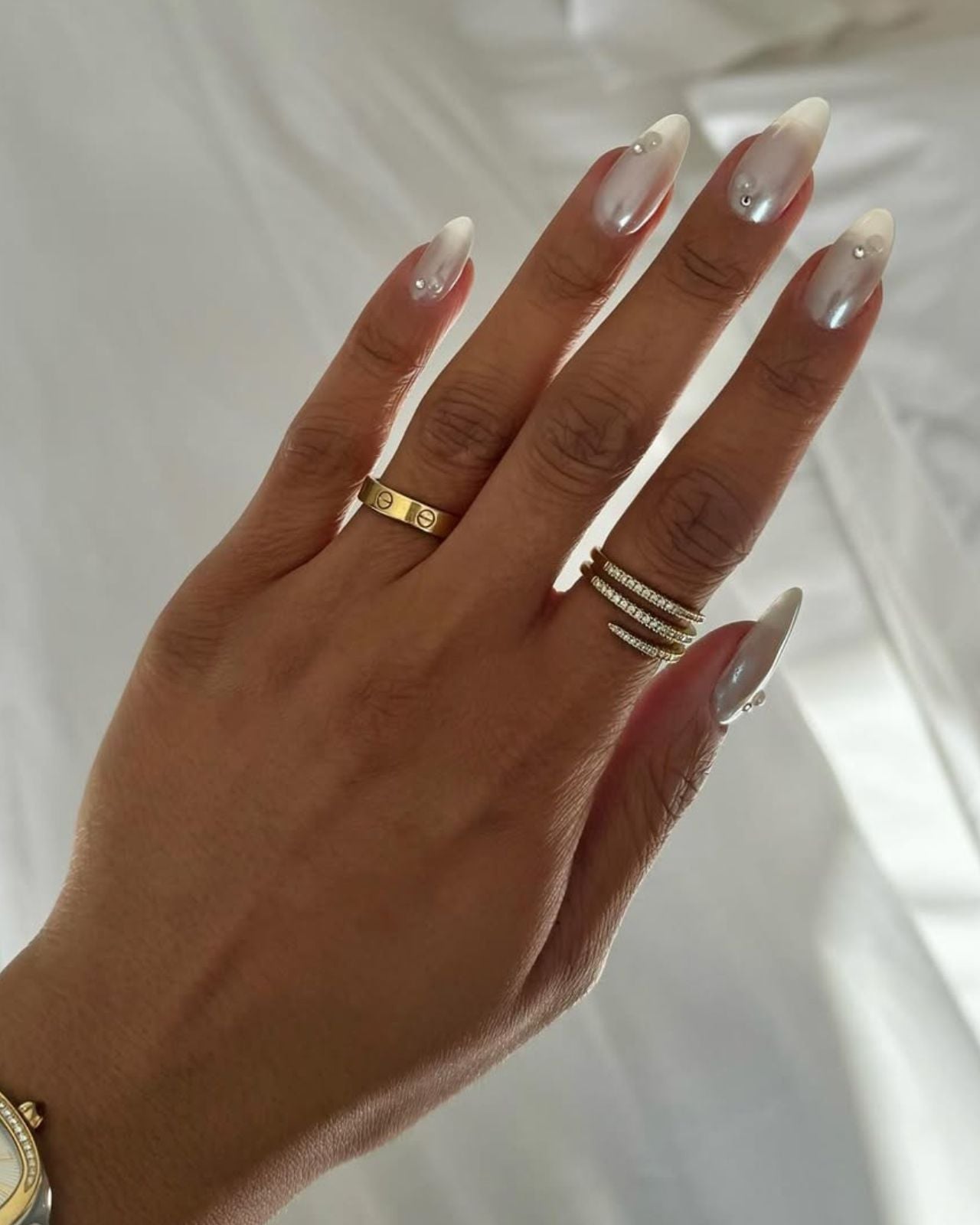 Long Almond Milky White Pearlescent With Pearls Rhinestones — Classy Pearl Nails