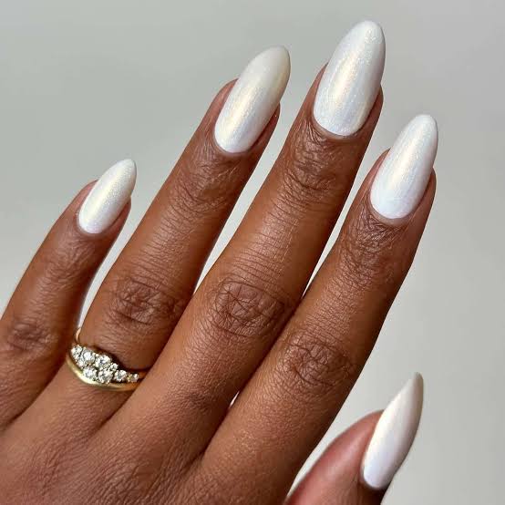 Short Almond Milky White Shimmer Nails — Classy Pearl Nails